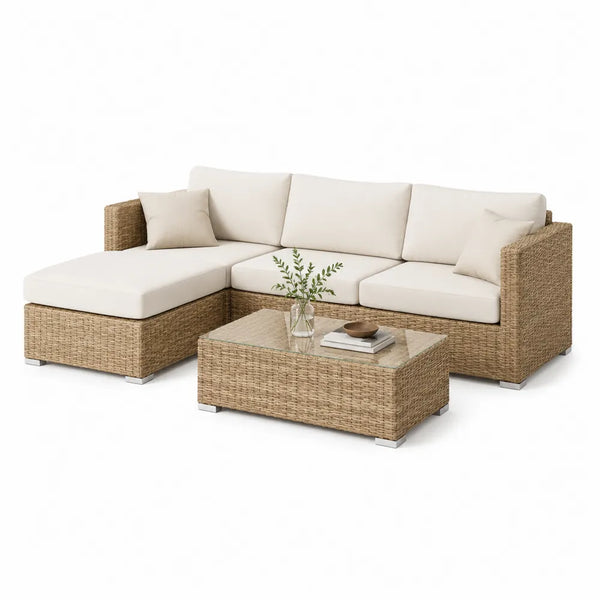 Canapé de jardin d angle 4 places résine tressée polyéthylène beige aluminium méridienne gauche table basse plateau verre trempé 240 x 180 x 75 cm 90 x 60 x 40 cm