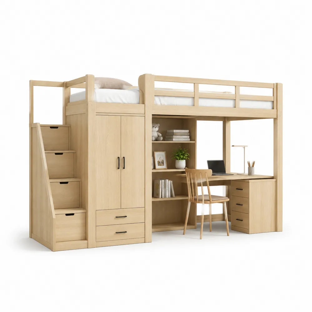 lit mezzanine 90 x 200 cm avec bureau armoire escalier rangement bois MDF finition chêne clair