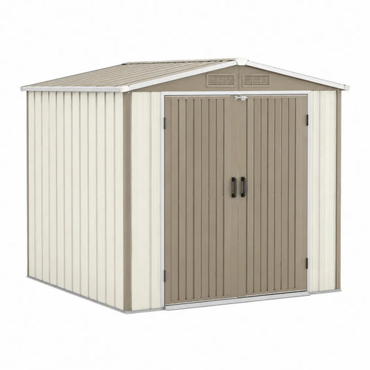 Abri de jardin en métal acier galvanisé rectangulaire beige et taupe double porte toit à deux pentes