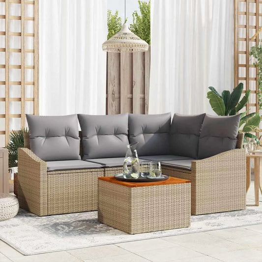 Banc de jardin et banquette de terrasse — avec coussins, 5 pièces, beige, en résine tressée