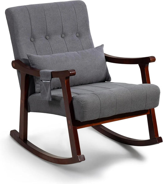 Fauteuil et chaise rembourrée à bascule — revêtement en tissu, en bois, avec coussins, gris