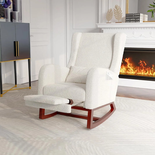 Fauteuil et chaise rembourrée à bascule – en bois, avec coussins, blanc, en bois massif