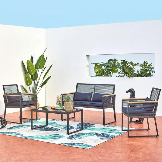 Salon de jardin et ensemble lounge — USINE, en bois, résistant à l'eau, 4 Places, noir