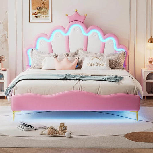 Lit rembourré et cadre de lit tapissé: pour enfant, en cuir PU, réglable, 140 × 200cm, blanc, avec éclairage LED, revêtement en tissu