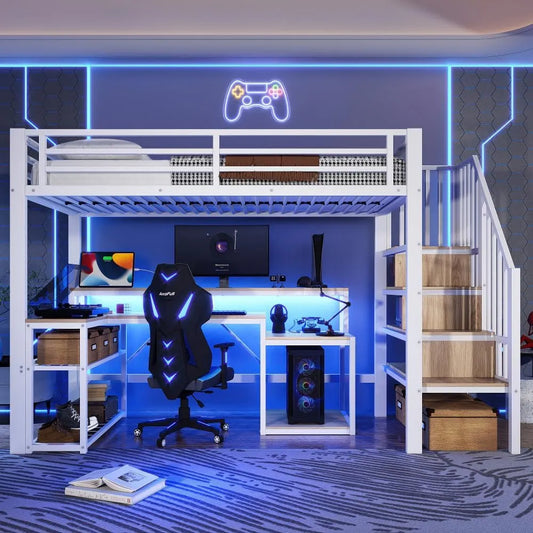 Lit superposé et lit mezzanine – pour enfant, avec rangement, avec escalier, avec bureau, 1 Place, 90 × 200 cm, blanc, avec éclairage LED