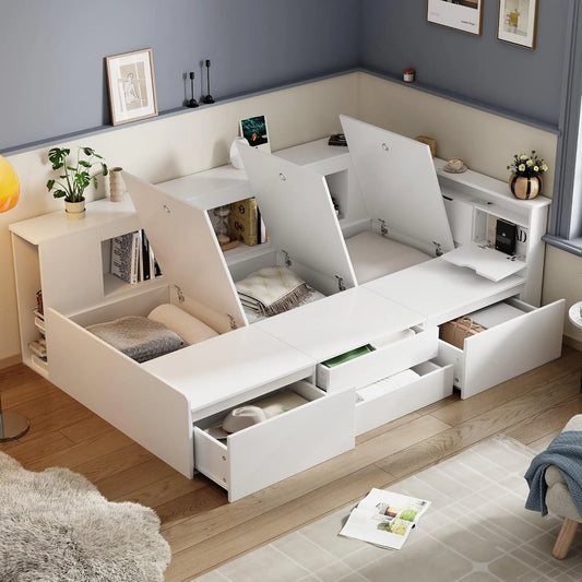 Lit d'enfant 90x200cm: pour enfant, avec rangement, avec tiroirs, 90 × 200cm, blanc, revêtement en tissu