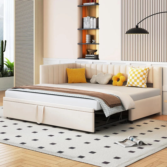 Canapé convertible et canapé-lit — pour enfant, revêtement en tissu, 180 × 200 cm, beige, revêtement en velours