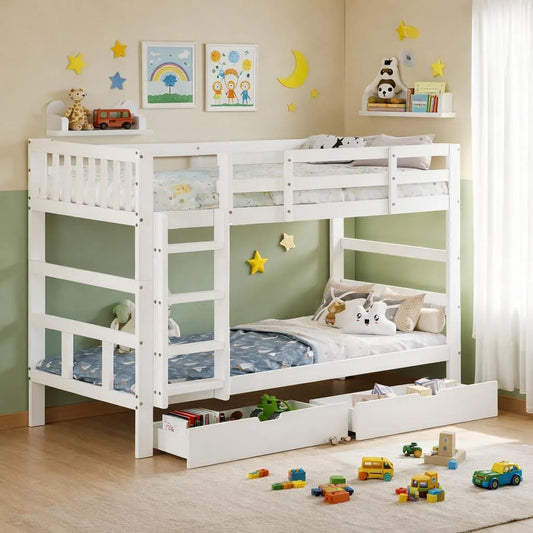 Lit mezzanine — pour enfant, avec rangement, avec tiroirs, avec escalier, 2 tiroirs, 90 × 200 cm, blanc