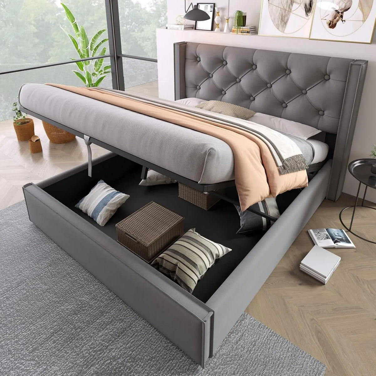 Lit Coffre 160x200cm avec Sommier à Lattes — en coton, revêtement en tissu, avec rangement, 160 × 200cm, gris