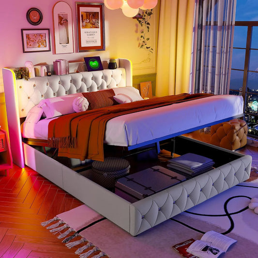Lit rembourré et cadre de lit tapissé – avec rangement, affichage LED, 160 × 200cm, 5, 160 × 200 cm, beige, revêtement en velours