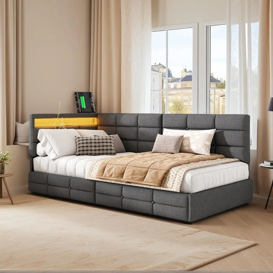 Lit rembourré et cadre de lit tapissé – avec tiroirs, avec port USB, affichage LED, 2 tiroirs, 90 × 200 cm, gris