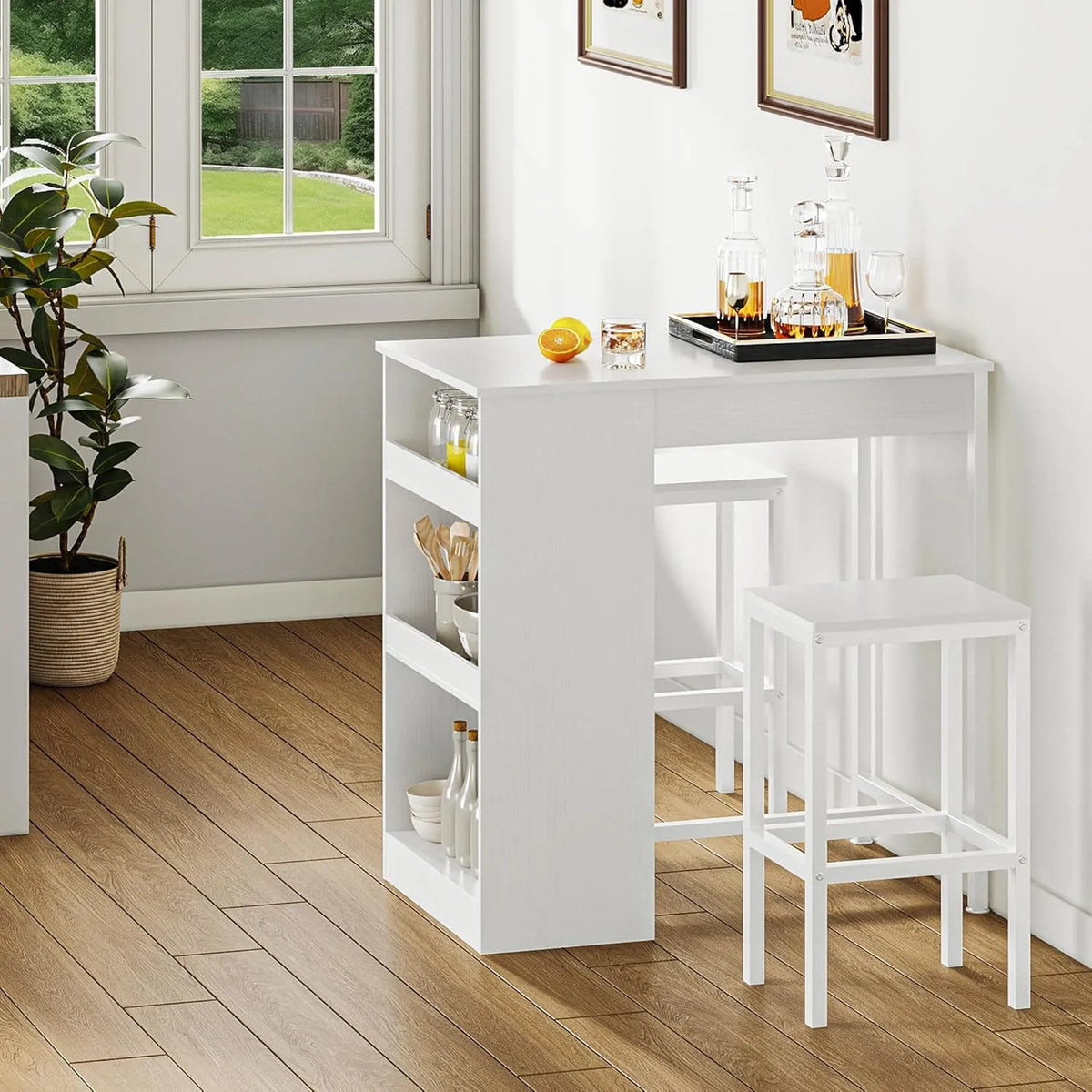 Table à manger – avec Bibliothèque et étagère de rangements, 3 Étagères, blanc