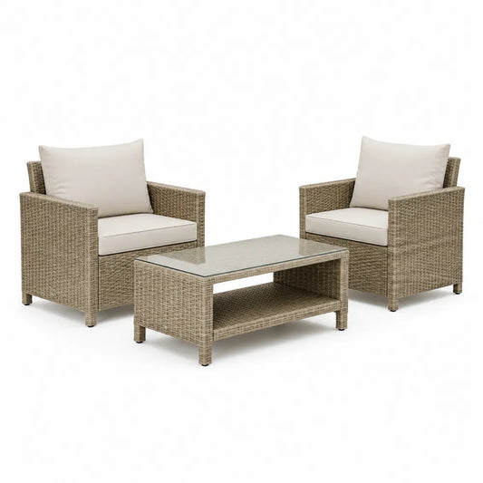 Salon de jardin 3 pièces 2 fauteuils avec table basse résine tressée coussins polyester plateau verre trempé 90 cm x 50 cm x 40 cm