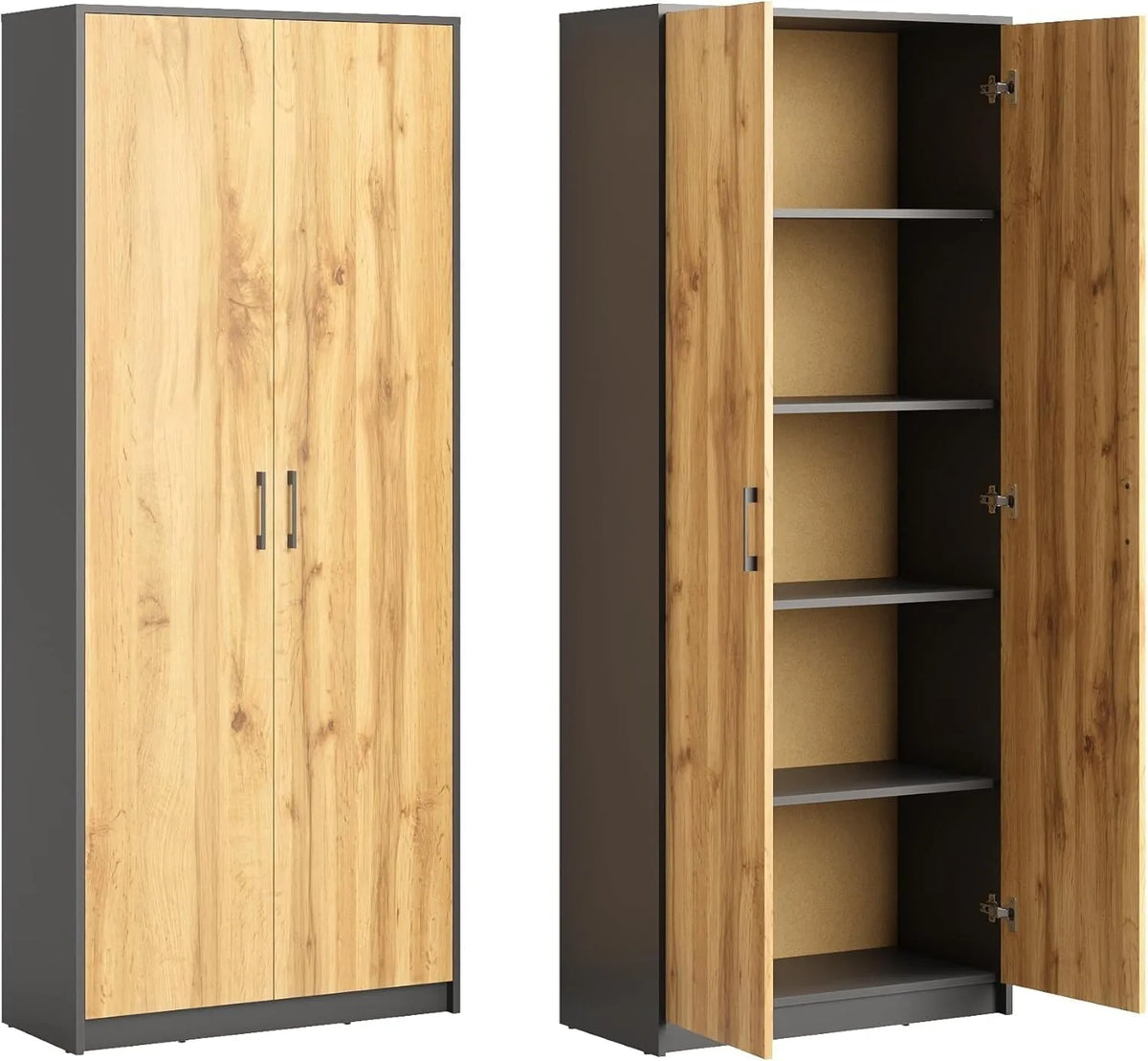 Armoire de Rangement Polyvalente 5 Compartiments 2 Portes pour Bureau, Entrée, Cuisine, Buanderie - 74x35x180 cm - Durable et Facile à Nettoyer - Graphite/Chêne