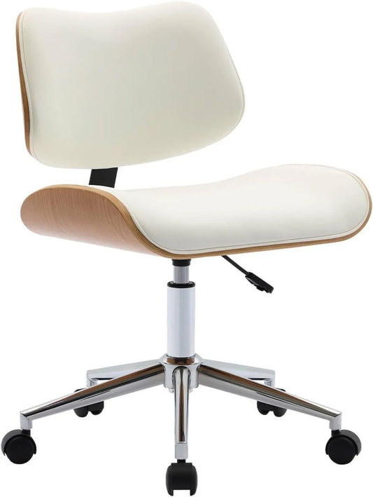 Chaise de Bureau à Roulettes en Bois Courbé Effet Chêne et Similicuir Blanc