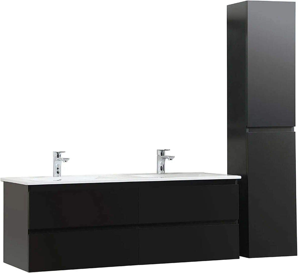 Ensemble de Salle de Bain Sorrento Noir avec Double Vasque en Céramique et Colonne de Rangement - 120cm
