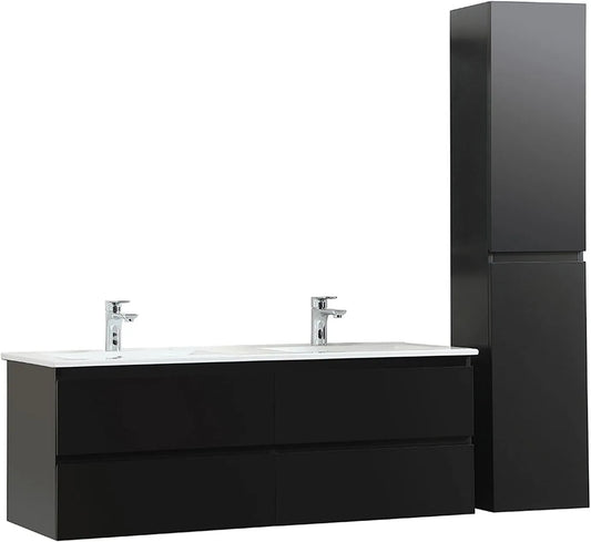 Ensemble de Salle de Bain Sorrento Noir avec Double Vasque en Céramique et Colonne de Rangement - 120cm