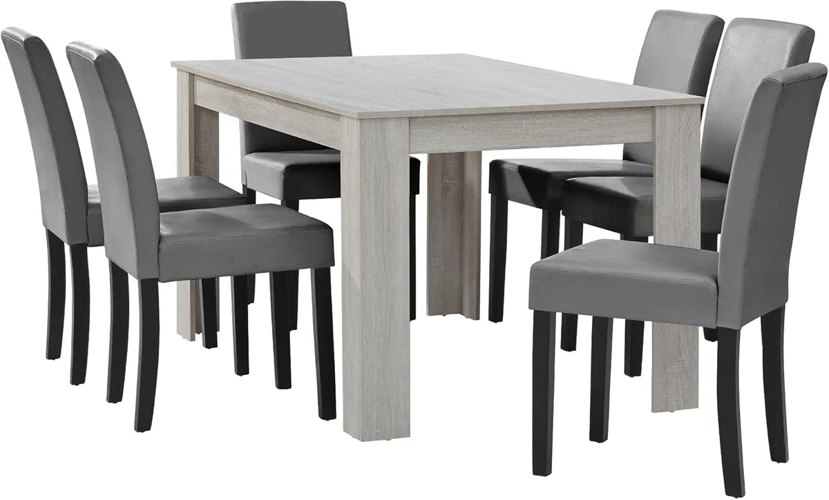 Ensemble table à manger en chêne blanc avec 6 chaises grises 140x90 cm