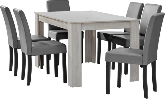 Ensemble table à manger en chêne blanc avec 6 chaises grises 140x90 cm