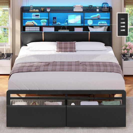 Lit Double 140x190 avec LED et Multiprise, Structure Métallique avec Sommier à Lattes, Rangement Intégré et Tiroirs, Tête de Lit Capitonnée