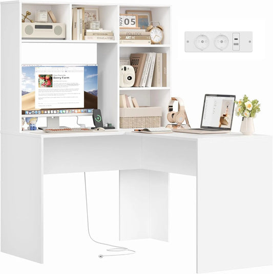 Bureau d'Angle Blanc avec Prises USB et Type-C, 5 Étagères de Rangement, 108x125x153 cm