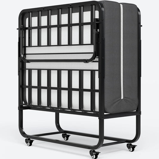 Lit d'Appoint 90x200cm avec Matelas Mémoire 13cm, Pliable et Mobile, Capacité 250KG