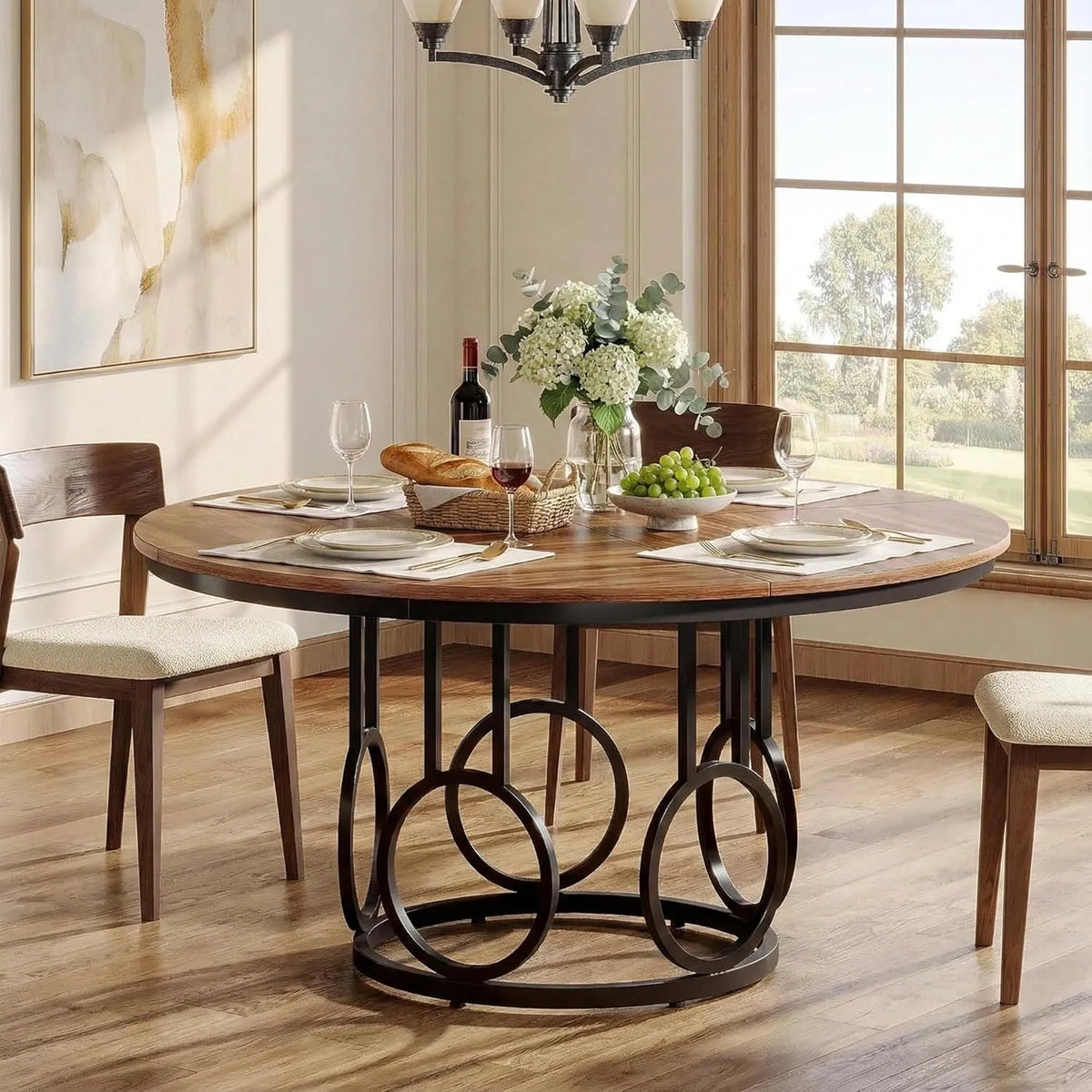Table à Manger Ronde 120 cm pour 4 Personnes, Plateau en MDF et Pieds Métalliques, Brun et Noir, Idéale pour Salle à Manger, Cuisine et Salon
