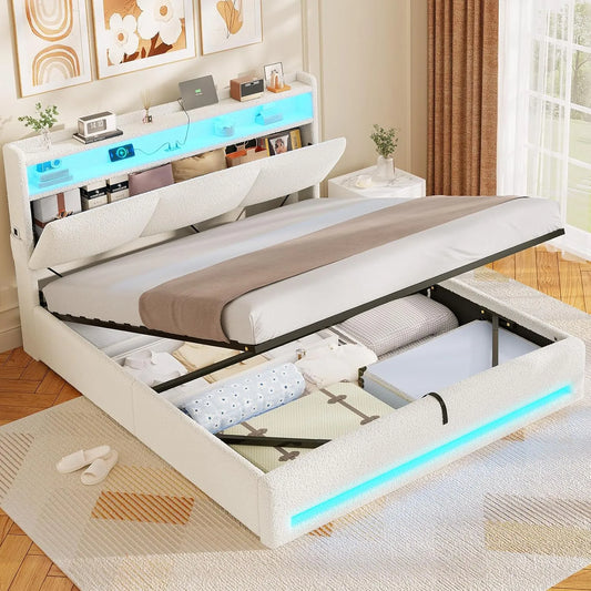 Lit Double 140x190 avec LED et Ports USB, Tête Capitonnée et Rangement Secret, Velours Beige