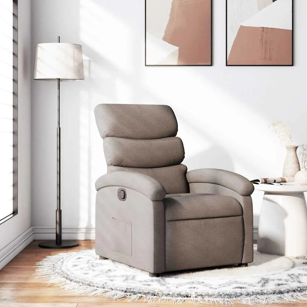 Fauteuil relax manuel en tissu taupe confortable avec repose-pieds et inclinaison à 135°, design moderne, capacité de 110 kg