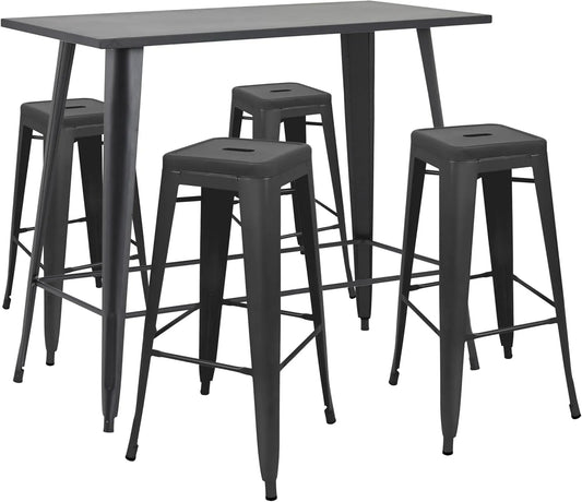 Set de Bar en Métal Noir Mat avec Table Haute et 4 Tabourets pour Jardin