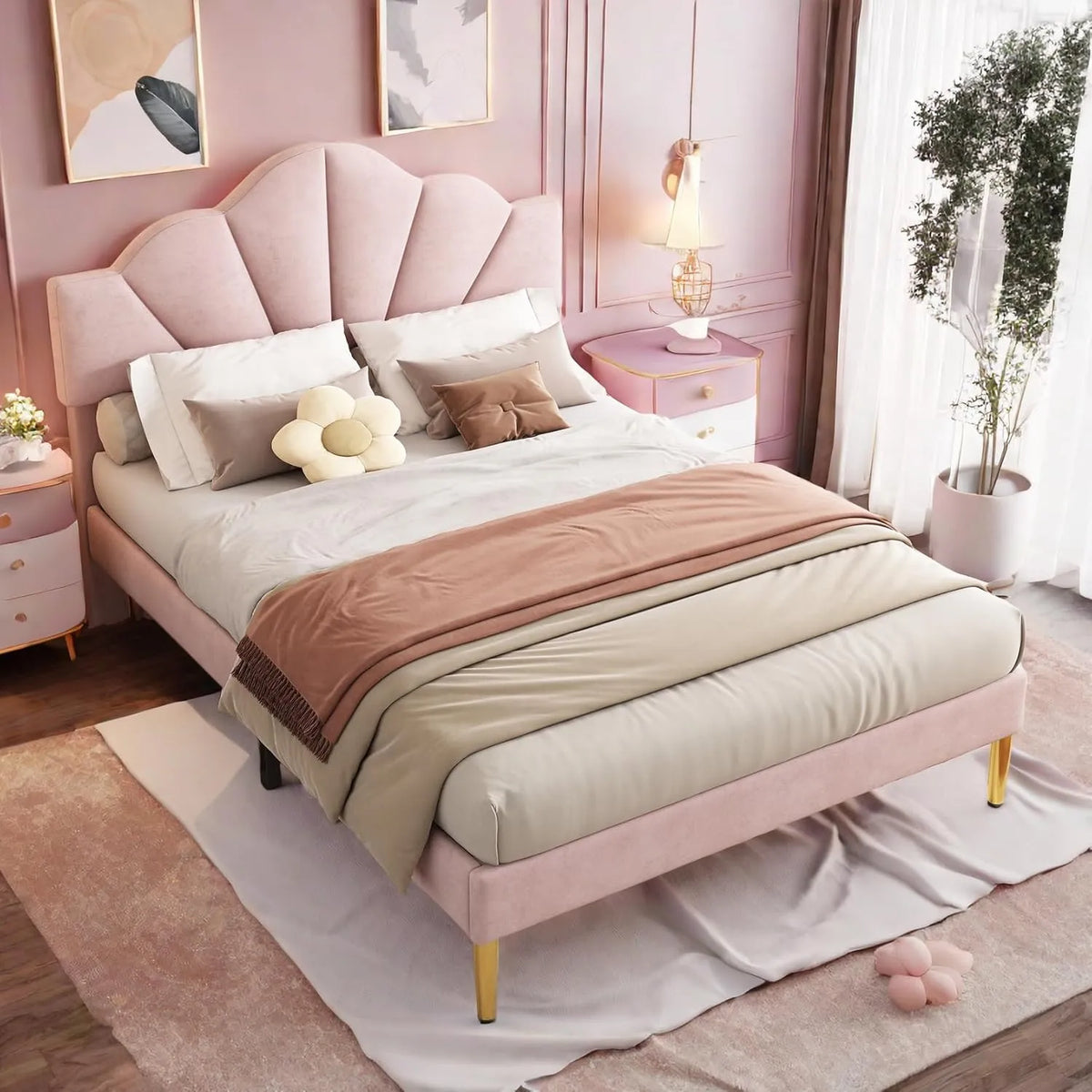 Lit en velours capitonné rose avec tête de lit réglable, style coquillage, 140x190 cm, pieds dorés