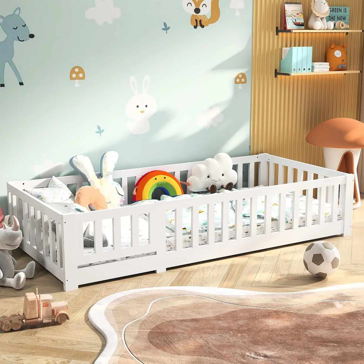 Lit Enfant 90x200 cm avec Barrière et Sommier, Style Montessori, Bois de Pin Blanc