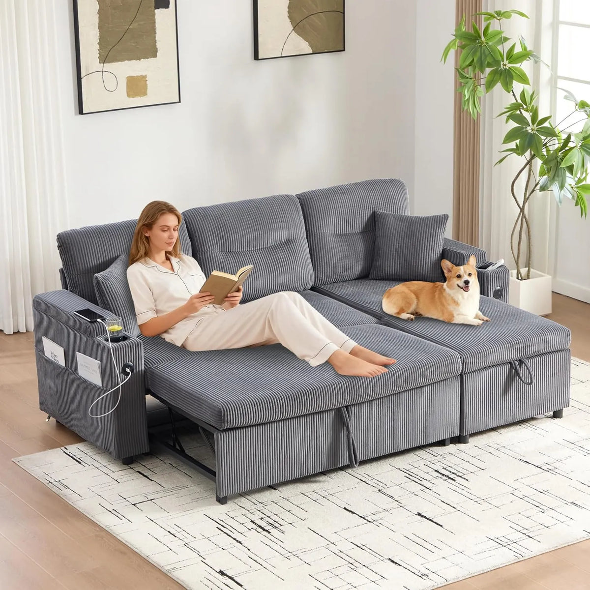 Sofa Convertible 3 Places avec Rangement et Ports USB en Velours Côtelé - Gris Carbone