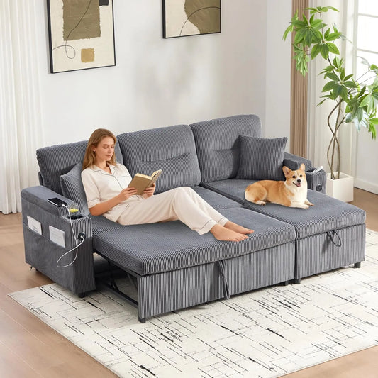Sofa Convertible 3 Places avec Rangement et Ports USB en Velours Côtelé - Gris Carbone