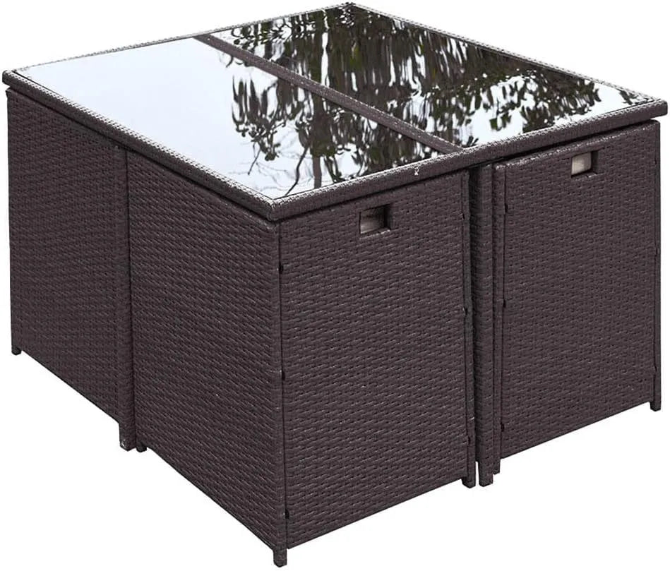 Ensemble de Jardin 8 Places en Résine Tressée Marron avec Table en Verre, Fauteuils et Poufs - Coussins Blancs Imperméables