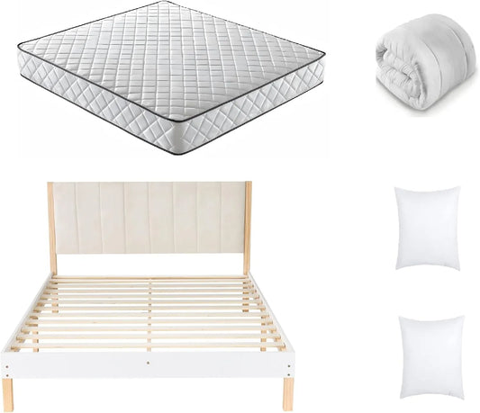 Matelas Double 140x190 cm avec Oreillers, Couette et Cadre de Lit en Bois
