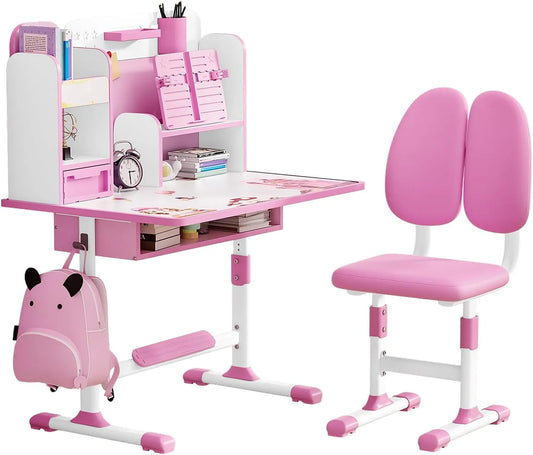 Bureau et Chaise Enfants Réglables avec Support Postural, Bibliothèque et Tiroir XL (Rose)