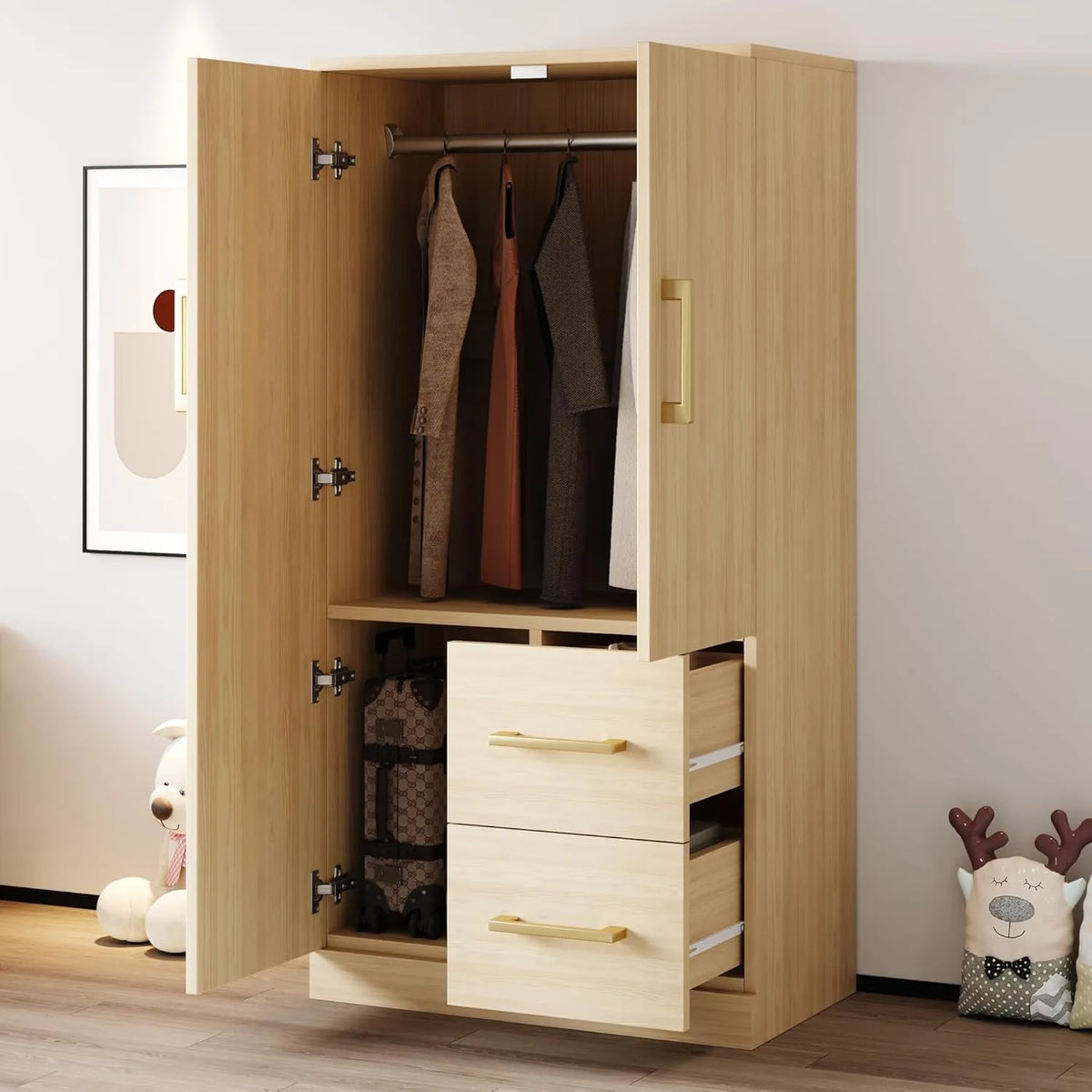 Armoire Enfant 2 Portes, 70x40x135 cm, Tiroirs & Compartiments, Design Naturel