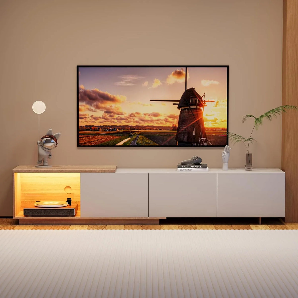 Meuble TV LED Extensible 240 cm, 3 Tiroirs, Bois Moderne pour Salon, Convient jusqu'à 65 Pouces, Blanc