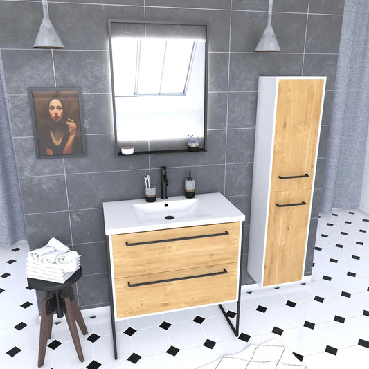 Ensemble de Salle de Bains 80 cm avec Vasque et Miroir LED - Blanc Chêne