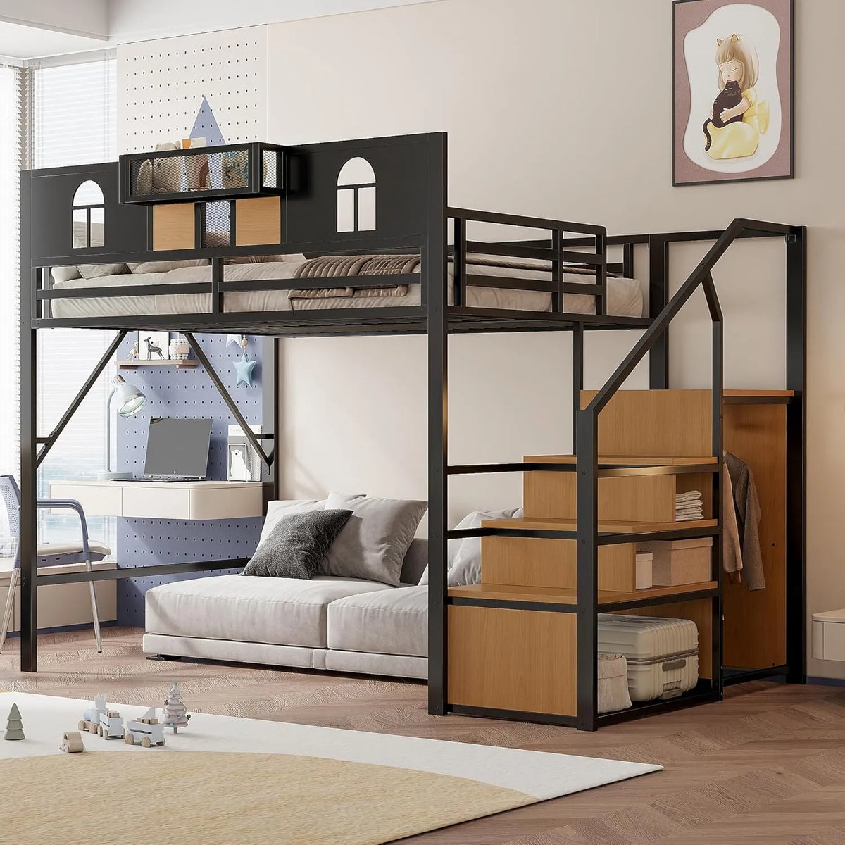 Lit Mezzanine en Métal 140x200 cm avec Échelle et Étagère Intégrée, Design Sécurisé, Structure Robuste, Noir
