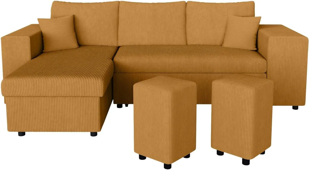 Canapé d'Angle Convertible en Velours avec Compartiment de Rangement et Poufs