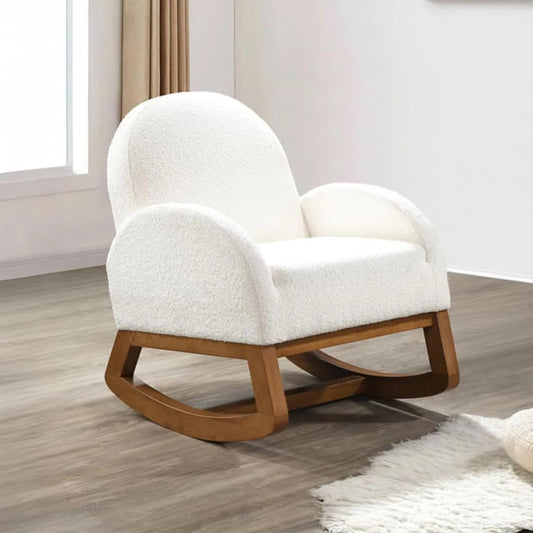 Fauteuil à Bascule en Fausse Laine Blanche et Bois Naturel