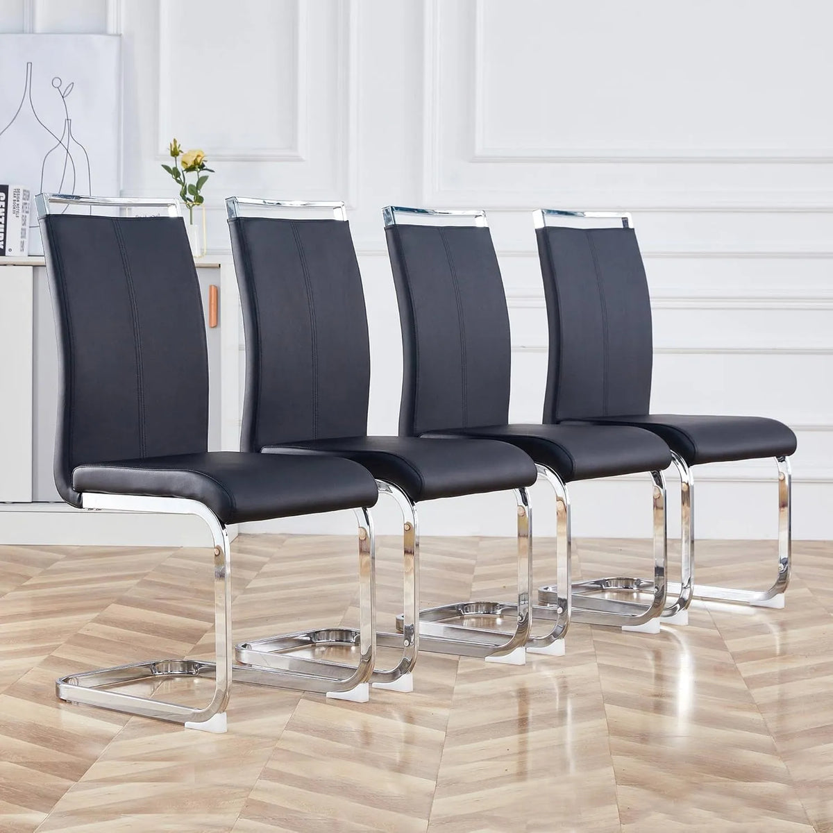 Ensemble de 4 chaises de salle à manger Merax, cuir PU, dossier haut, style moderne, cadre métallique, rembourrage confortable, noires
