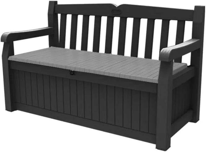 Banc de Jardin avec Coffre de Rangement en Résine, Résistant aux Intempéries et Verrouillable, Gris