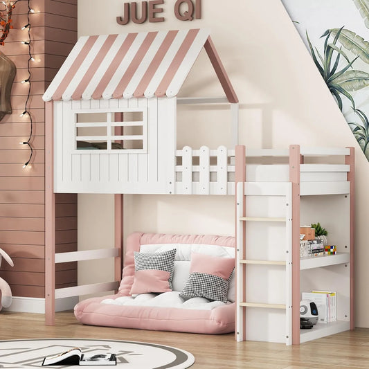 Lit mezzanine en bois massif rose 90x200 cm avec échelle sécurisée et rangement intégré