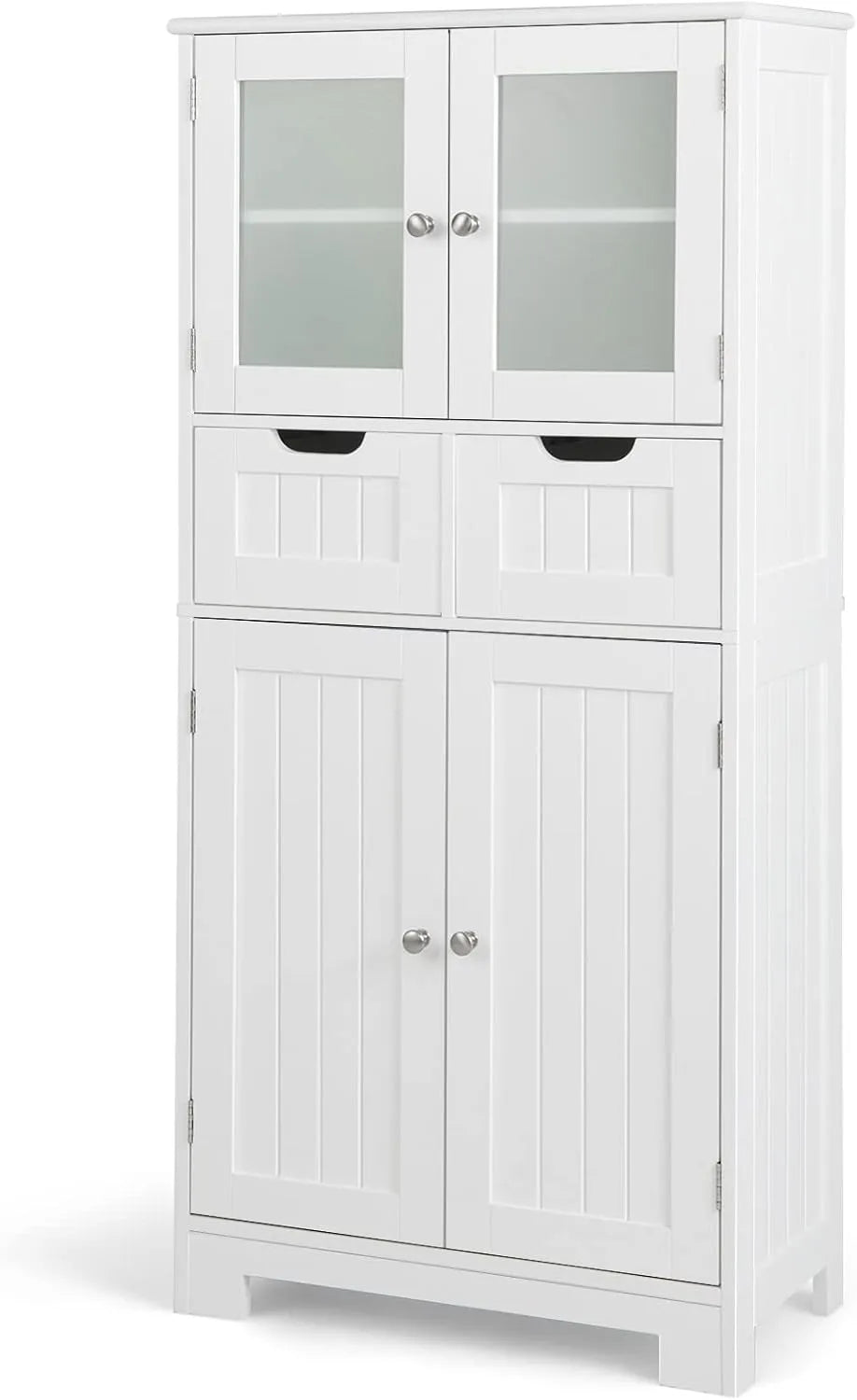 Armoire Haute de Salle de Bain avec Étagères Réglables, 4 Portes et 2 Tiroirs, 30 x 60 x 128 cm, Blanche