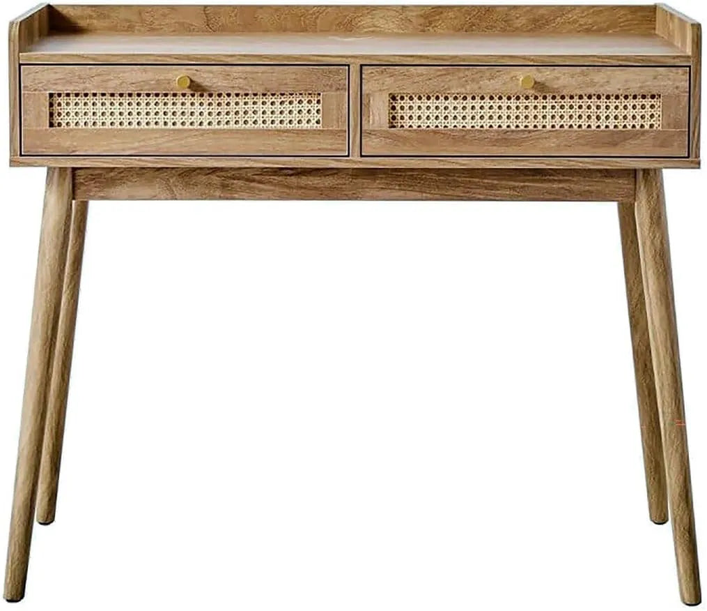 Palmo - Console d'Entrée avec 2 Tiroirs et Façades en Rotin - Finition Chêne et Boutons Dorés - Pour Salon et Hall - 100 x 35 x 85,2 cm