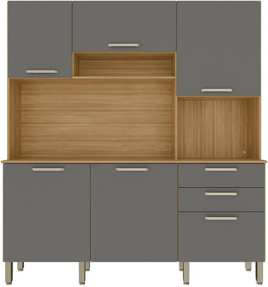 Meuble de Rangement Cuisine 6 Portes 2 Tiroirs Bois Chêne et Gris 180x198x39 cm