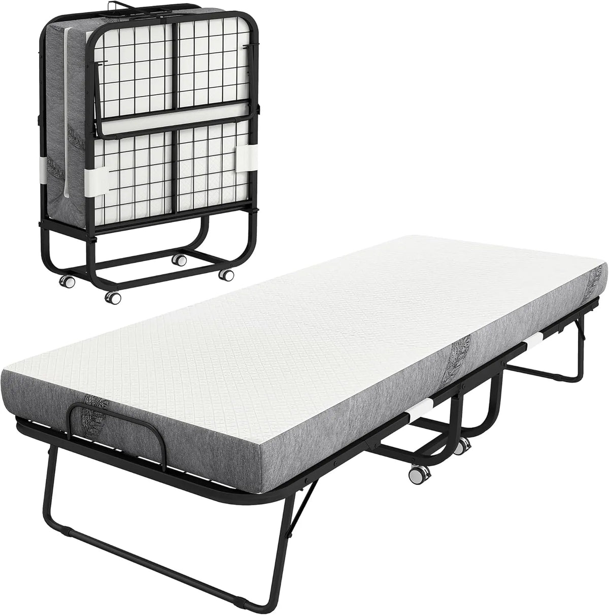 Lit Pliant 1 Place avec Matelas à Mémoire de Forme 12,7 cm, Cadre en Acier, Portable sur Roulettes